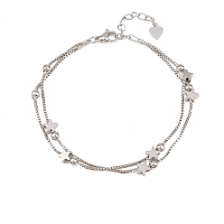 Платина Латунные многорядные браслеты-цепочки для женщин, Звезда и круглый, долговечный, стойки покрытие, без кадмия и без свинца, платина, 7-1/4~7-1/2 дюйм (18.3~19 см)