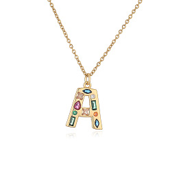 Letter A Ожерелья с подвесками-инициалами из латуни и разноцветными кубическими цирконами для женщин, реальный 18 k позолоченный, буква a, 17.72 дюйм (45 см), Кулон : 23x15 мм