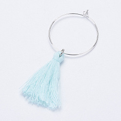 Sky Blue Cotton Thread Tassels Wine Glass Charms, with Brass Rings Hoop Earrings, Silver Color Plated, Sky Blue, 60mm