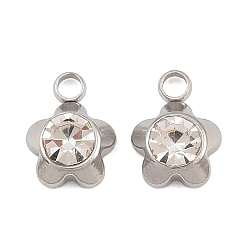 Cristal 201 Colgantes del rhinestone del acero inoxidable, encantos de la flor, color acero inoxidable, cristal, 10x7.5x4 mm, agujero: 2 mm