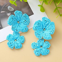 Темно-Голубой Серьги-гвоздики с цветочной латунной фурнитурой из рафии, золотые, глубокое синее небо, 64 мм