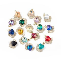 Mixed Color Rack Plating Brass Micro Pave Cubic Zirconia Pendants, with Glass, Long-Lasting Plated, Cadmium Free & Lead Free, Crab with Heart, Real 18K Gold Plated, Mixed Color, 21x18x8mm, Hole: 5x3mm