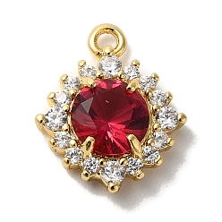 Красный Латунные микропаве прозрачные подвески с фианитом, реальный 18 k позолоченный, ромб, красные, 11.5x9.5x3 мм, отверстие : 1 мм