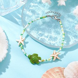 (52) Непрозрачная лаванда Браслеты ручной работы из стеклянных бус и синтетической бирюзы для женщин, черепаха и морская звезда, разноцветные, 7-3/4 дюйм (19.6 см)