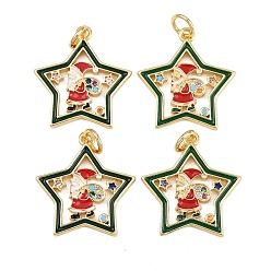 Настоящее золото 18K Рождественские тематические латунные подвески с микропаве и фианитами, с эмалью и кольцом для прыжков, долговечный, звезда с дедом морозом, реальный 18 k позолоченный, 19.5x18x2 мм, Перейти кольцо: 5x0.7 мм, 3.6 мм внутренним диаметром