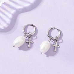Нержавеющая Сталь Цвет Натуральный культивированный пресноводный жемчуг рис с крестообразными серьгами-кольцами, фурнитура из нержавеющей стали , цвет нержавеющей стали, 33x9.5 мм