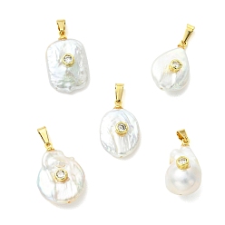 Golden Natural Baroque Keshi Pearl Pendants, Geometric Charms with Rack Plating Brass Micro Pave Cubic Zirconia Findings, White, Mixed Shapes, Golden, 21~23x12~16.5x6~14mm, Hole: 2.5x5.8mm