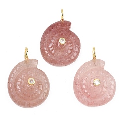 Клубничный Кварц Натуральные кварцевые подвески из клубники, Подвески в виде раковин с латунными микропаве из прозрачных кубических цирконий., 33~34x22~23.5x10.5 мм, отверстие : 4.5 мм