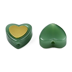 Grün Imitation Jade sprühlackierte Glasperlen, mit vergoldenden Messing Zubehör, Herz, grün, 12x12x5 mm, Bohrung: 1 mm