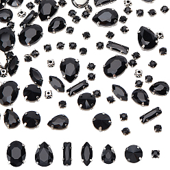 Jet 168Pcs 7 Style Sew on Rhinestone, Multi-strand Links, Glass Rhinestone, with Platinum Tone Brass Prong Settings, Mixed Shapes, Jet, 5~18x~13x4~7.5mm, Hole: 0.8~1mm