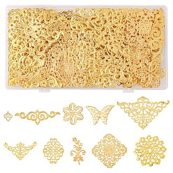 Golden 72Pcs 9 Styles Iron and 201 Stainless Steel Links, Etched Metal Embellishments, Mixed Shapes, Golden, 15.5~51x13~76.5x0.5~3mm, 8pcs/style