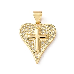 Real 18K Gold Plated Brass Micro Pave Clear Cubic Zirconia Pendants, Heart with Cross Charms, Cadmium Free & Lead Free, Rack Plating, Long-Lasting Plated, Real 18K Gold Plated, 21x17x2.5mm, Hole: 4x3.5mm