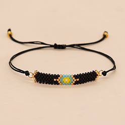 Черный Браслеты из стеклянных бусин, плетеные браслеты из полиэфирного шнура для женщин, цветок, чёрные, регулируемый