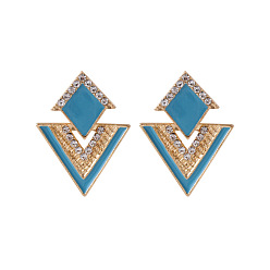 Темно-Голубой Серьги-гвоздики с подвесками из сплава в форме ромба и треугольника, украшенные кристаллами и стразами, с эмалью, золотые, глубокое синее небо, 32x20 мм