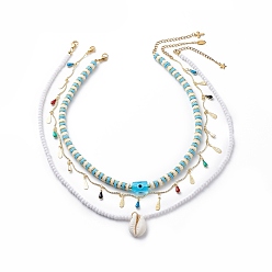 Golden 3Pcs 3 Style Natural Cowrie Shell & Enamel Teardrop Pendant Necklaces Set, Acrylic Evil Eye & Polymer Clay Disc Beaded Stackable Necklaces for Women, Golden, 16.14~20.28 inch(41~51.5cm), 1Pc/style