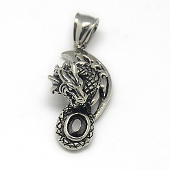 Mixed Color Fashionable Retro 304 Stainless Steel Rhinestone Dragon Pendants, Antique Silver, Mixed Color, 36x17x10mm, Hole: 5x7mm