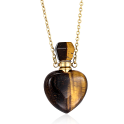 Ojo de Tigre 1Colgantes de frascos de perfume con forma de corazón y piedras preciosas naturales (pc), con cadenas de aleación, dorado, 17.68 pulgada (44.9 cm)