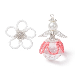 Pink 2шт 2 стили стеклянные бусины подвески, цветок и ангел, с крылом из сплава и стеклянными круглыми бусинами из жемчуга, окрашенными в технике выпекания, розовые, 38x6 мм, отверстие : 2 мм