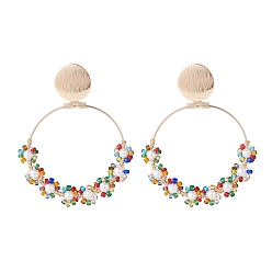 Green Handmade Seed Beaded Big Circle Drop Earrings, Sunflower Shell Pearl Dangle Stud Earrings for Beach Vacation, Golden, Green, 60mm, Pin: 0.7mm