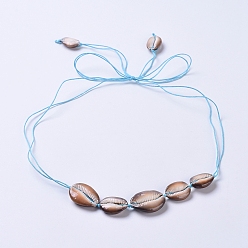 Cyan Waxed Cotton Cord Bib Necklaces, with Natural Cowrie Shell Beads, Cyan, 42.9 inch(109cm)