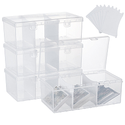 Clear 4Pcs Rectangle 3 Grids Plastic Bead Storage Containers with Hinged Lid, Adjustable Dividers Boxes, Clear, 19.8x11x7.4cm, Inner Diameter: 19x9.5cm