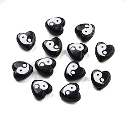 Черный Непрозрачные акриловые бусины, сердце с узором инь-янь, чёрные, 8.5x8.5x4 мм, отверстие : 1 мм
