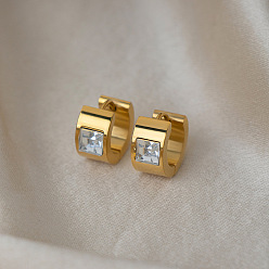 Real 18K Gold Plated 304 Stainless Steel Cubic Zirconia Hoop Earrings, Real 18K Gold Plated, 13x7x14.3mm