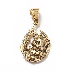 Античное Золото 304 подвески из нержавеющей стали, с микро проложить кубического циркония, тигр, прозрачные, античное золото , 33x21.5x7.5 мм, отверстие : 9.5x7 мм