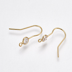 Real 18K Gold Plated Brass Earring Hooks, with Cubic Zirconia and Vertical Loop, Nickel Free, Real 18K Gold Plated, 18x4.5mm, Hole: 1mm, 20 Gauge, Pin: 0.8mm