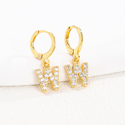 Letter W Латунные серьги-кольца из прозрачного кубического циркония, золотые, Буква W, 25x8 мм