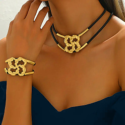 Золотой Комплекты из двухслойных ожерелий и браслетов из цветочного сплава и вощеного шнура для женщин, золотые, 420 мм