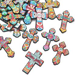 Mixed Color Mexico Theme Inspirational Quotes PVC Plastic Cabochons, Mandala Pattern Cross, Mixed Color, 55x42~43x4mm