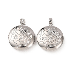 Платина Стойки обшивки латунь медальона подвески, плоские круглые с цветком, платина, 23x20x5 мм, отверстие : 5x3 мм, внутренний диаметр: 14 мм