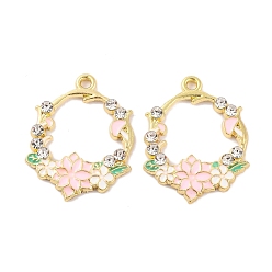 Pink Стойки обшивки сплава эмали подвески, со стразами, золотые, венок очарование, розовые, 28.5x22x2.5~3 мм, отверстие : 1.2 мм