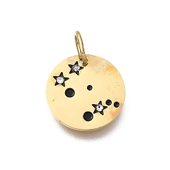 Gemini Twelve Constellations 304 Stainless Steel Enamel Pendants, with Rhinestone, Flat Round Charms, Golden, Gemini Charms, 13x1mm, Hole: 4.5x2.5mm