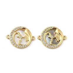 Golden Brass Micro Pave Clear Cubic Zirconia Women Connector Charms, Flat Round Links with Mixed Shell, Long Lasting Plated. Cadmium Free & Lead Free, Real 18K Gold Plated, 15x19x3mm, Hole: 1.2mm