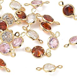 Mixed Color SHEGRACE Brass Pave Cubic Zirconia Flat Round Connector Charms, Cadmium Free & Nickel Free & Lead Free, Long-Lasting Plated, Real 18K Gold Plated, Mixed Color, 11x6x3mm, Hole: 1mm