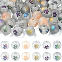 Mixed Color 60Pcs 6 Colors Autumn Theme Electroplate Transparent Glass Beads, Frosted, Round with Maple Leaf Pattern, Mixed Color, 8~8.5mm, Hole: 1.5mm, 10pcs/color