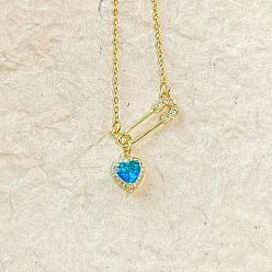 Темно-Голубой Женские кулоны в форме сердца с булавкой из латуни и кубическим цирконием, золотые, глубокое синее небо, 17.72 дюйм (45 см)