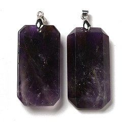 Amethyst Natural Amethyst Pendants, Faceted Rectangle Charms, with Platinum Plated Brass Snap on Bails, Lead Free & Cadmium Free, 40~41x20~21x6~9mm, Hole: 4.3x3.8mm