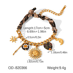 Soleil 304 Bracelets foulard à breloques en acier inoxydable et résine, imprimé léopard, or, soleil, 6.69 pouce (17 cm)