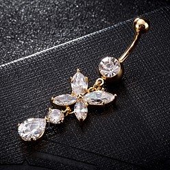 Прозрачный Латунное кольцо пупка с фианитом, кольца живота, с 304 стержнем из нержавеющей стали, без кадмия и без свинца, реальный 18 k позолоченный, цветок, прозрачные, 54x15 мм, бар: 15 калибр (1.5 мм), длина стержня: 3/8"(10мм)