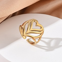 Сердце 304 открытые кольца-манжеты из нержавеющей стали для женщин, золотые, сердце, 19.5 мм, размер США 7 1/4 (17.5 мм)