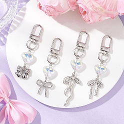 Платина Подвеска в форме сердца из гальванического стекла, с подвесками-бантиками из сплава и поворотными застежками, платина, 70~95 мм, 4 шт / комплект