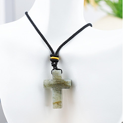 Лабрадорита Подвеска в виде креста из натурального лабрадорита на черном хлопковом шнурке., 25.20 дюйм (64 см)