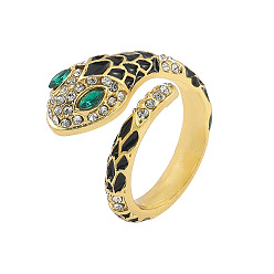 Черный Кольца-манжеты из цинкового сплава со змеиной эмалью и стразами для женщин, золотые, чёрные, внутренний диаметр: 18 мм