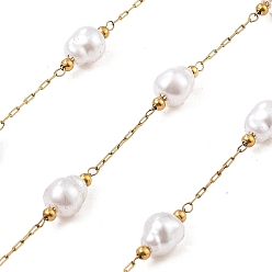 Настоящее золото 18K Ионное покрытие (ip) 304 цепи для канцелярских скрепок из нержавеющей стали, пайки, с abs имитационными жемчужными бусинами , овальные, реальный 18 k позолоченный, 7.5x6.5 мм, около 16.40 футов (5 м) / рулон