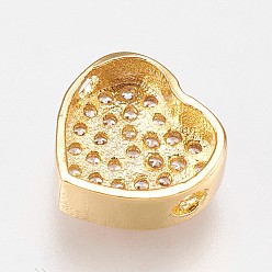 Golden Brass Micro Pave Cubic Zirconia Beads, Heart, Clear, Golden, 9x9.5x4mm, Hole: 1.2mm