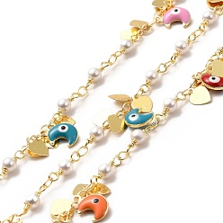Golden Colorful Enamel Moon with Evil Eye & Brass Heart Charms Chains, with ABS Plastic Imitation Pearl Beaded Chains, Soldered, with Spool, Golden, 12x4mm
