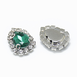 Emerald Sew on Rhinestone, Multi-strand Links, Glass Rhinestone, with Platinum Tone Brass Prong Settings, Garments Accessories, teardrop, Emerald, 14.5x11x5mm, Hole: 0.8mm